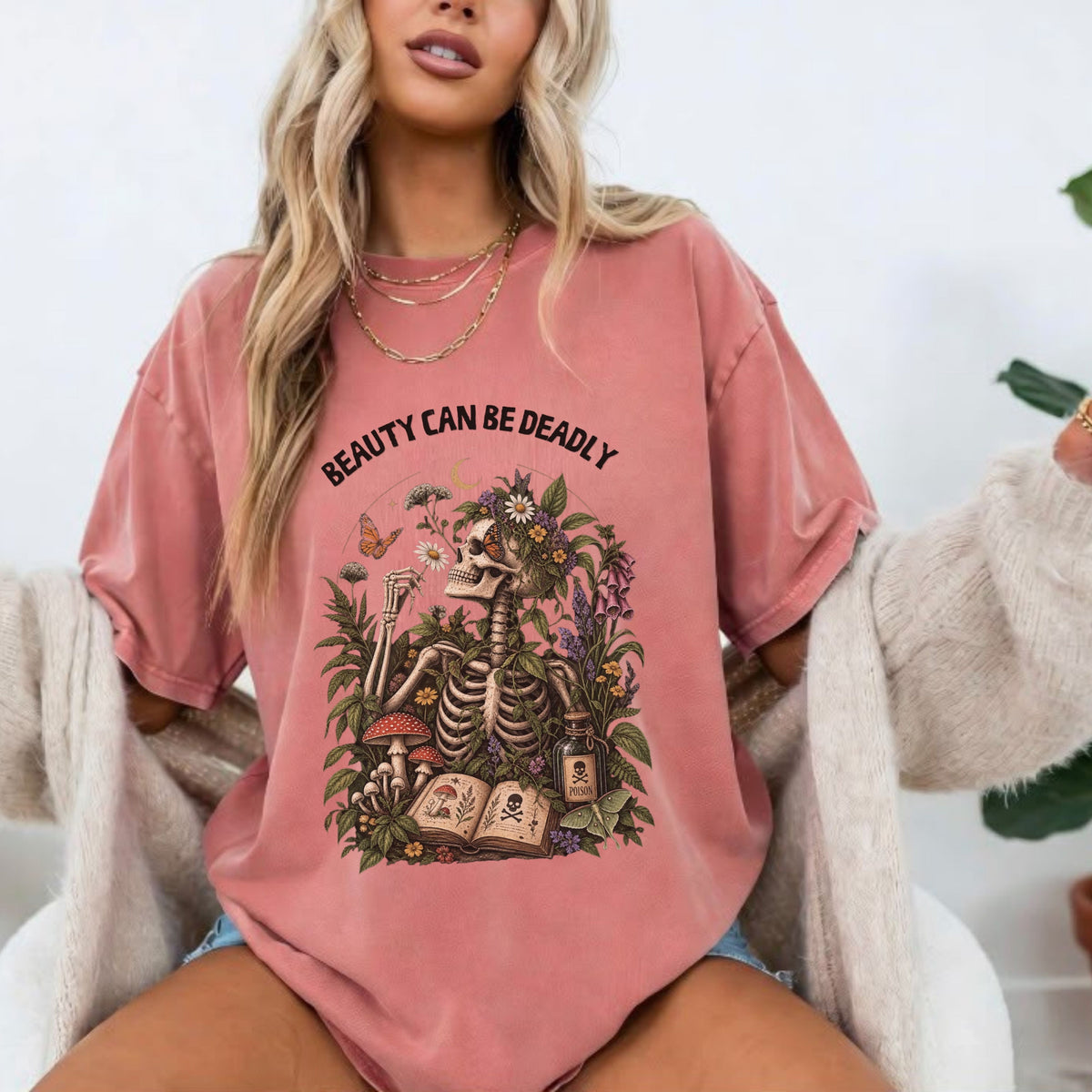 Beauty Can Be Deadly T-Shirt – Gothic Skeleton & Botanical Graphic Tee #BB006