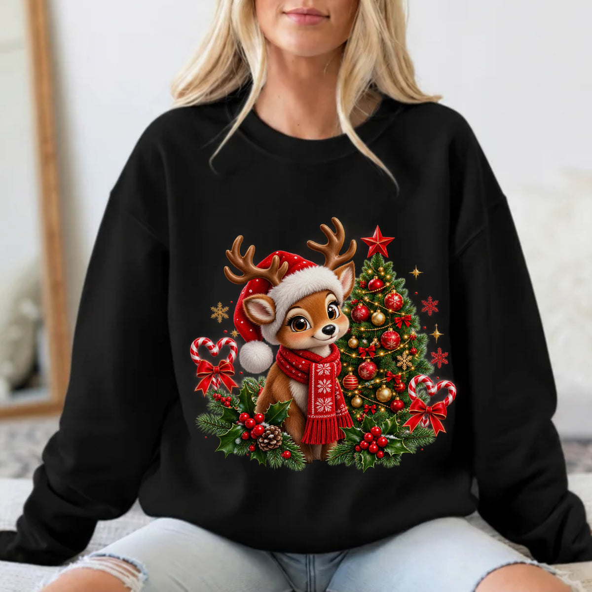 Cute Christmas Reindeer T-Shirt Design β Festive Baby Deer with Santa Hat & Christmas Tree #BB0037