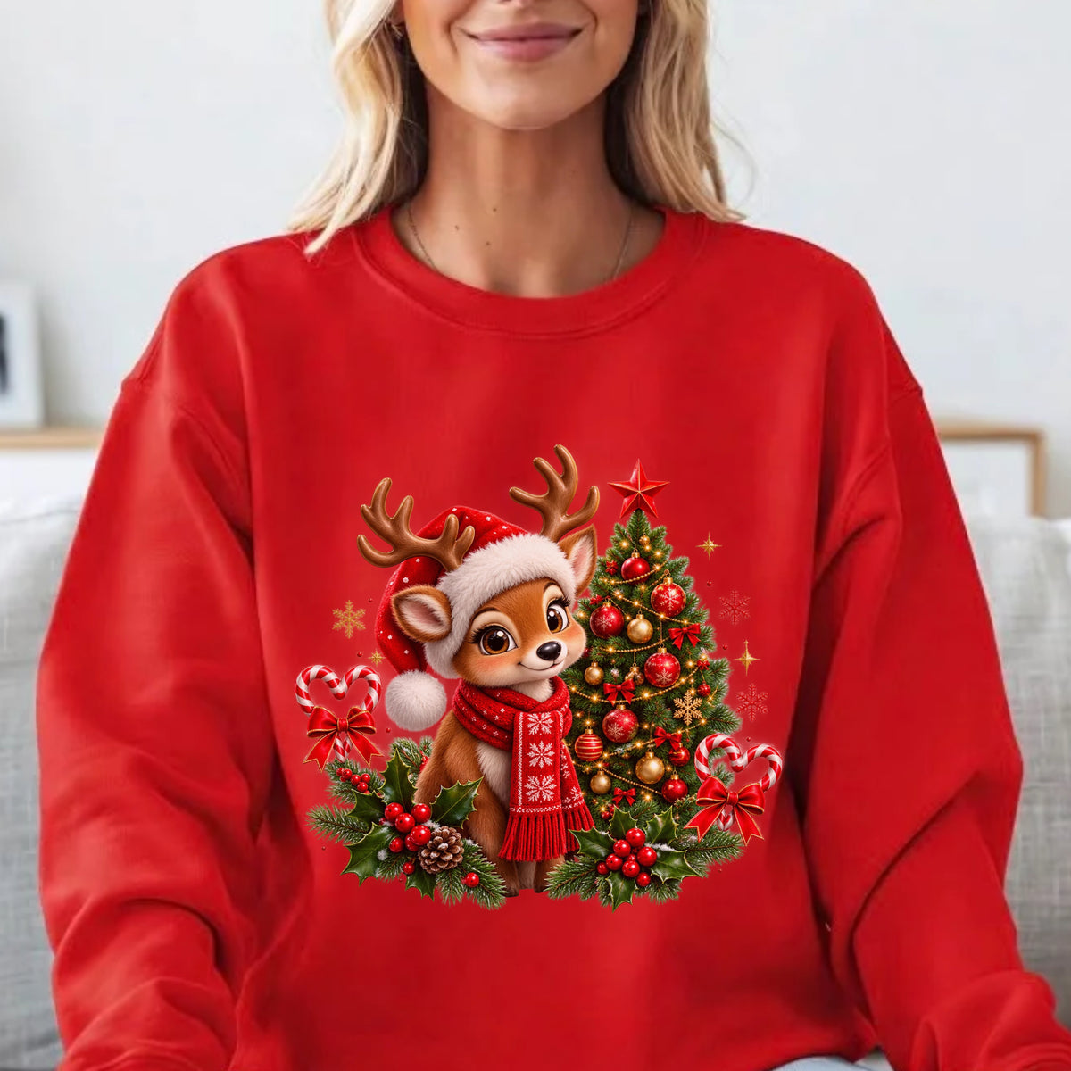 Cute Christmas Reindeer T-Shirt Design β Festive Baby Deer with Santa Hat & Christmas Tree #BB0037