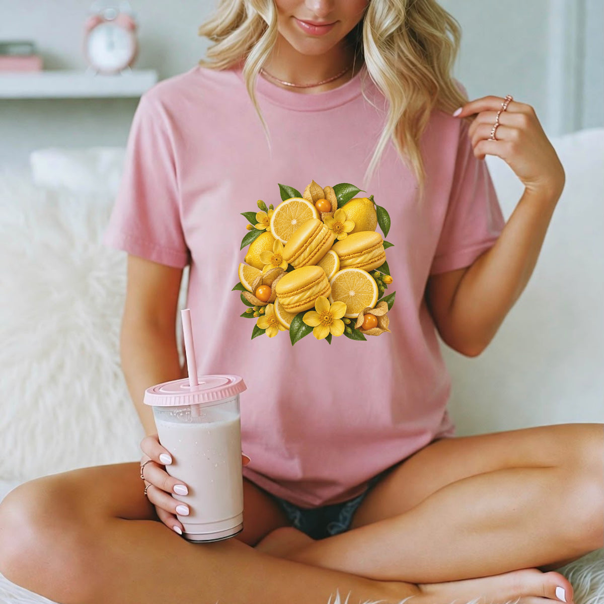 Lemon Macaron T-Shirt – Cute Yellow Citrus Graphic Tee, Summer Aesthetic Shirt #BB0023