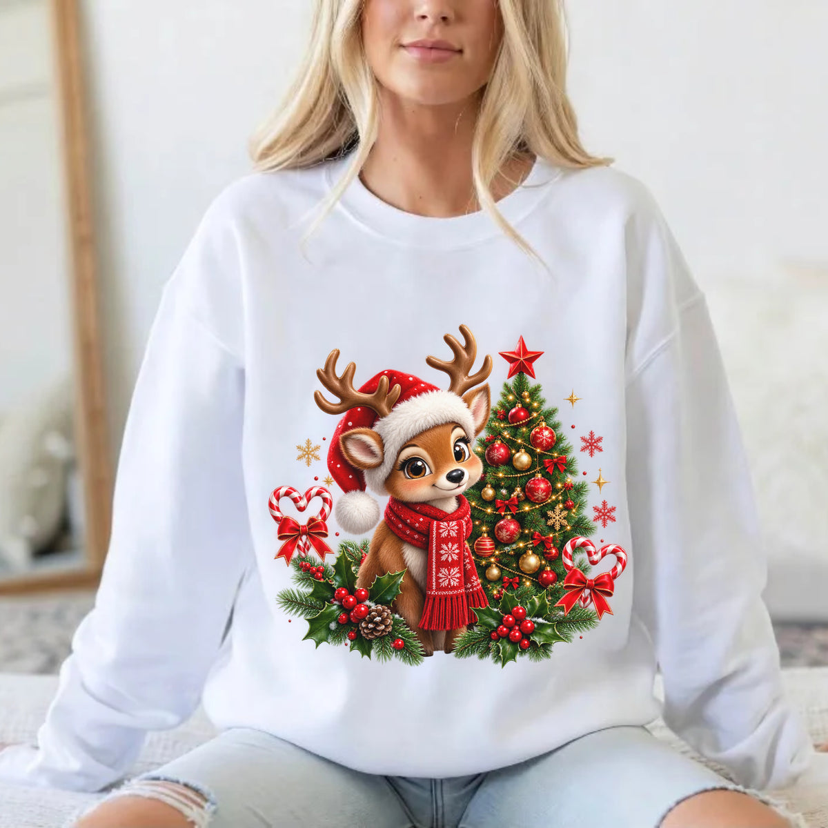 Cute Christmas Reindeer T-Shirt Design – Festive Baby Deer with Santa Hat & Christmas Tree #BB0037